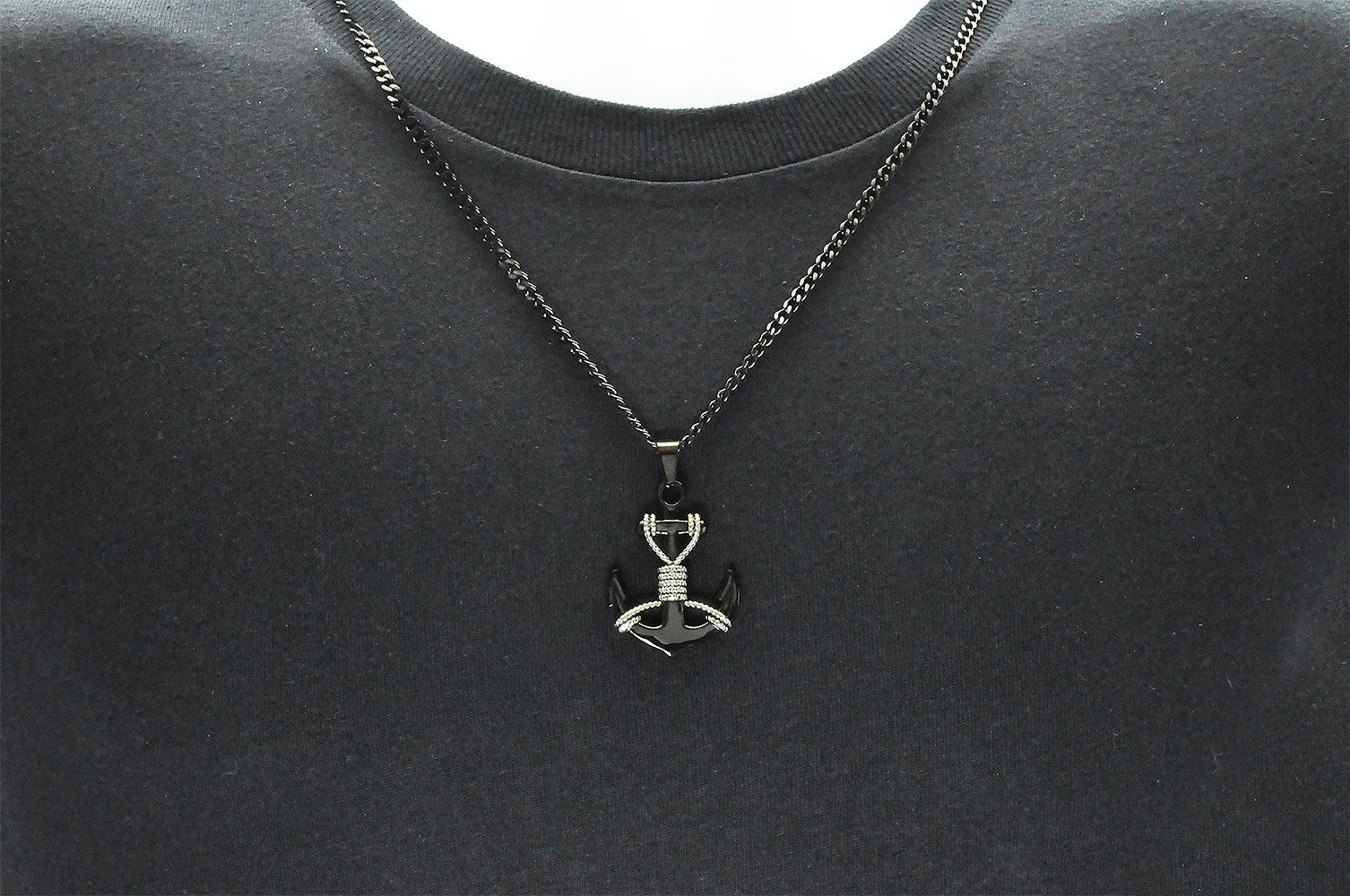 Mens Black Stainless Steel Anchor Pendant Necklace With Steel Rope