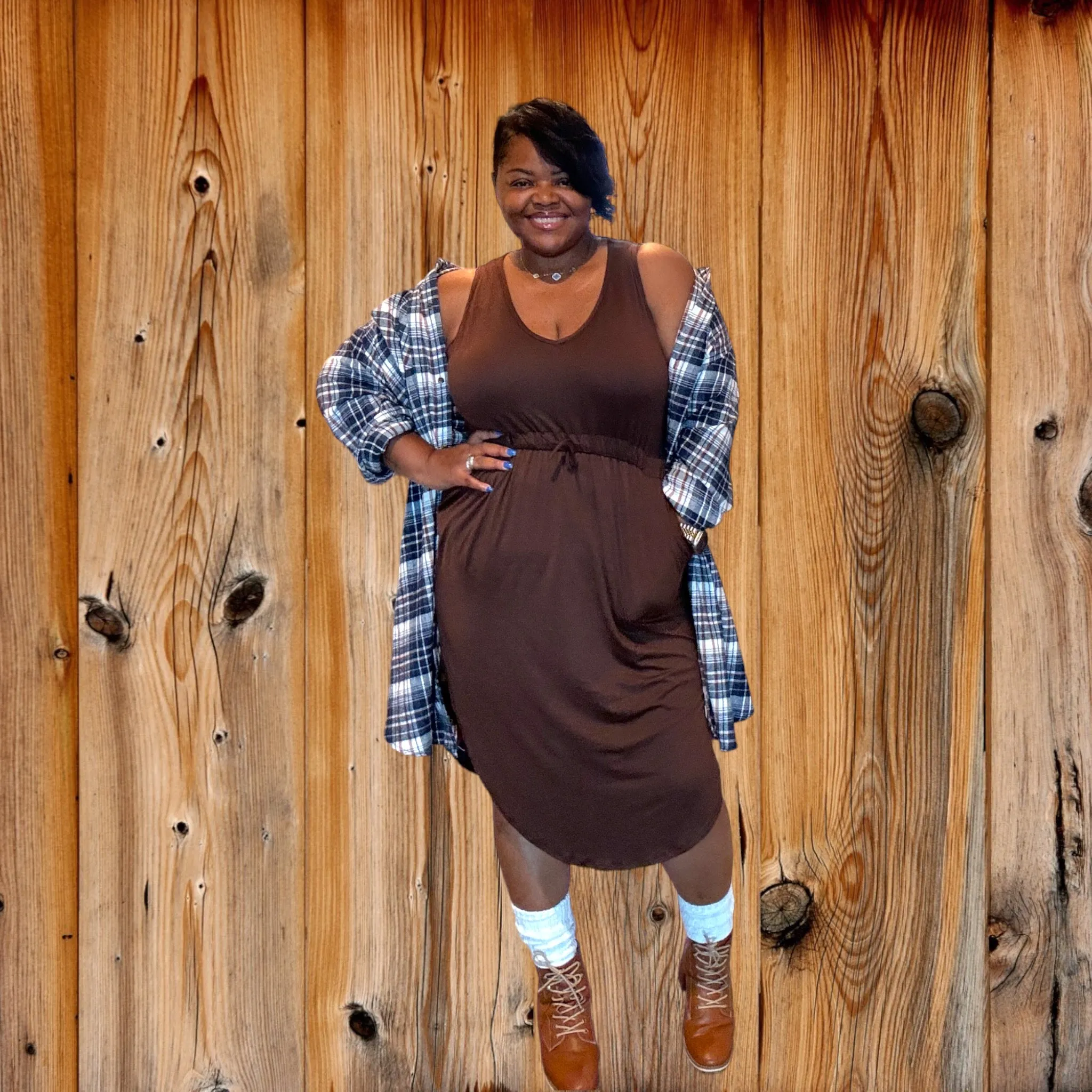 Plus Size Drawstring Sleeveless Brown Midi Dress